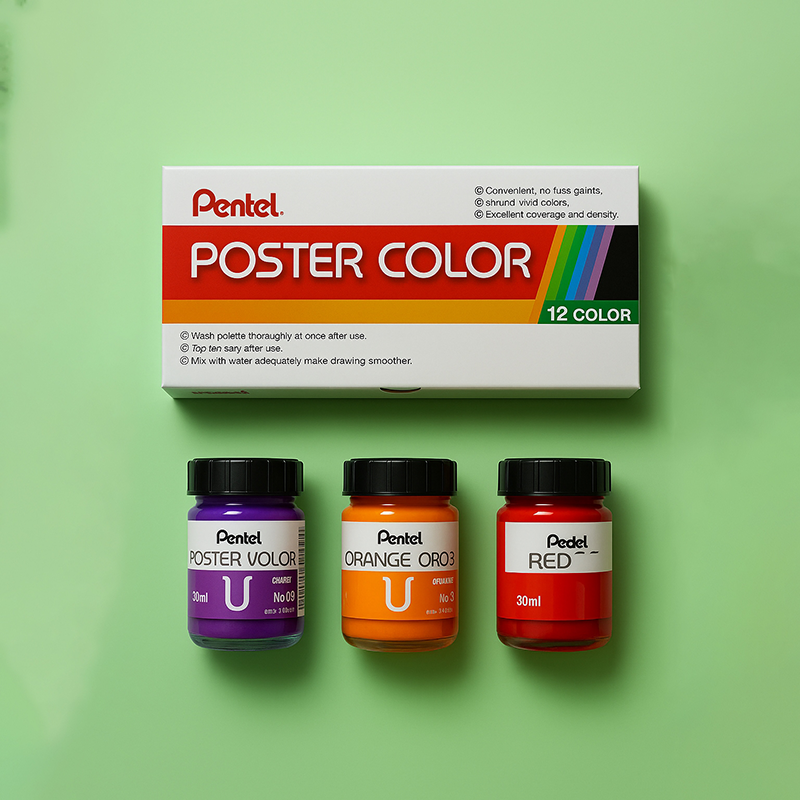Màu Nước Poster Pentel WPU – Bộ 12 Màu Cơ Bản & Màu Nhũ Vàng/Bạc