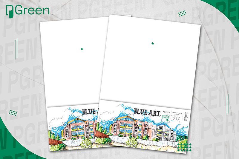 a couple of white papers with drawings of buildings and trees