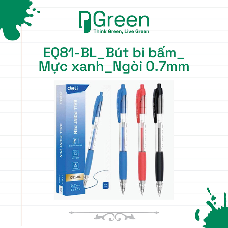EQ81-BL_Bút bi bấm_Mực xanh_Ngòi 0.7mm