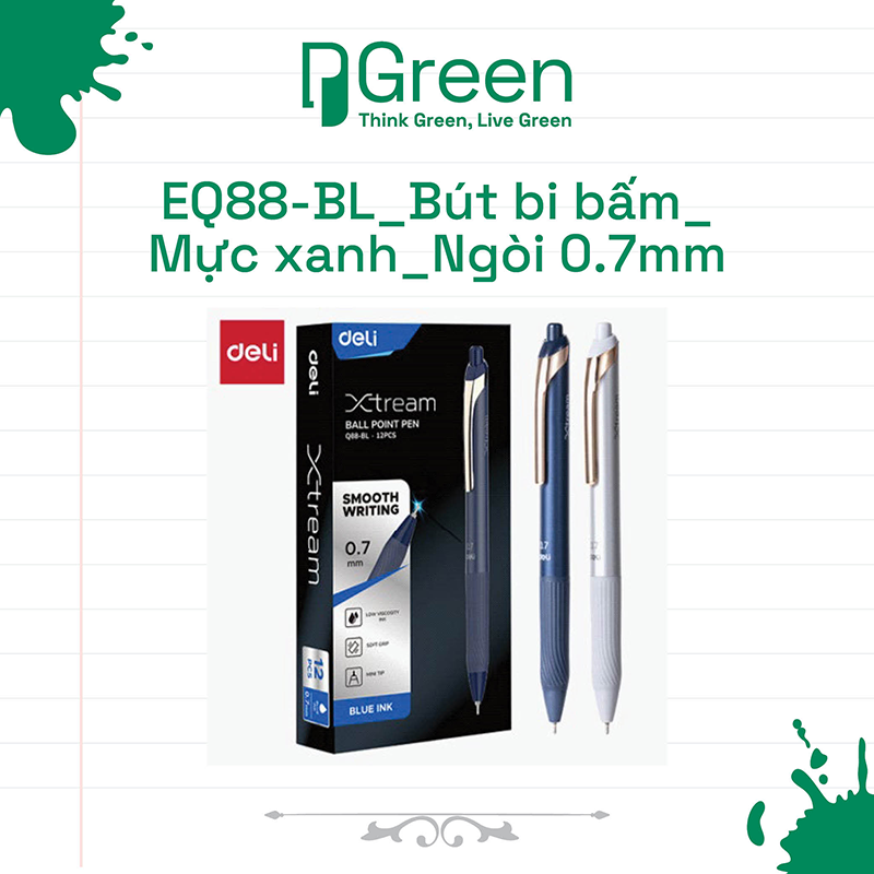 EQ88-BL_Bút bi bấm_Mực xanh_Ngòi 0.7mm