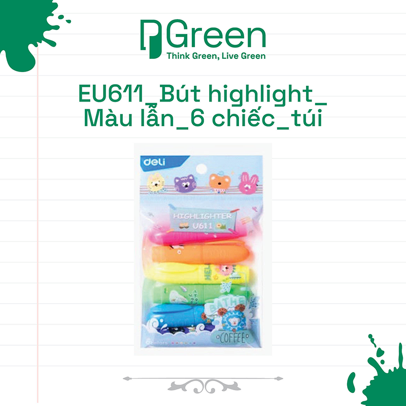 EU611_Bút highlight_Màu lẫn_6 chiếc_túi