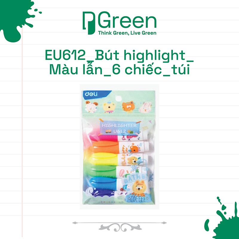 EU612_Bút highlight_Màu lẫn_6 chiếc_túi