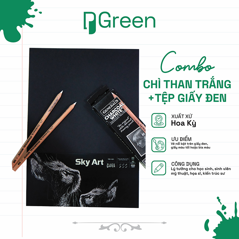 Combo Bút Chì Than Trắng Charcoal White + Giấy Vẽ Đen Sky Art 200gsm