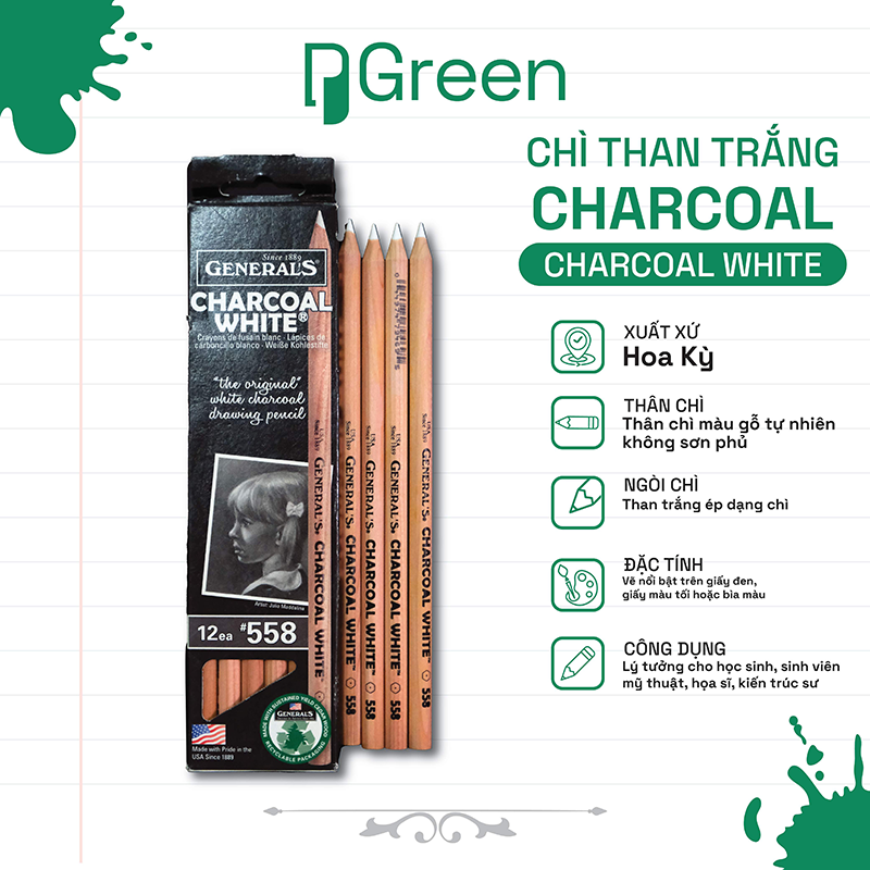 Bút Chì Than Trắng Charcoal White – Vẽ Nổi Trên Giấy Tối – Nét Mịn, Dễ Tô